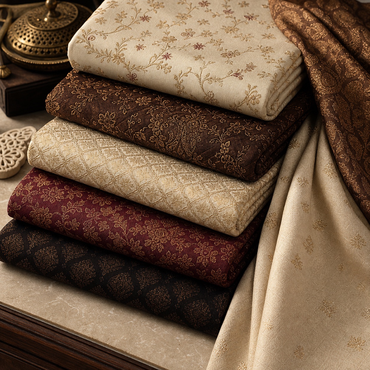 Royal wedding sherwani fabrics in ivory, wine, and coffee tones