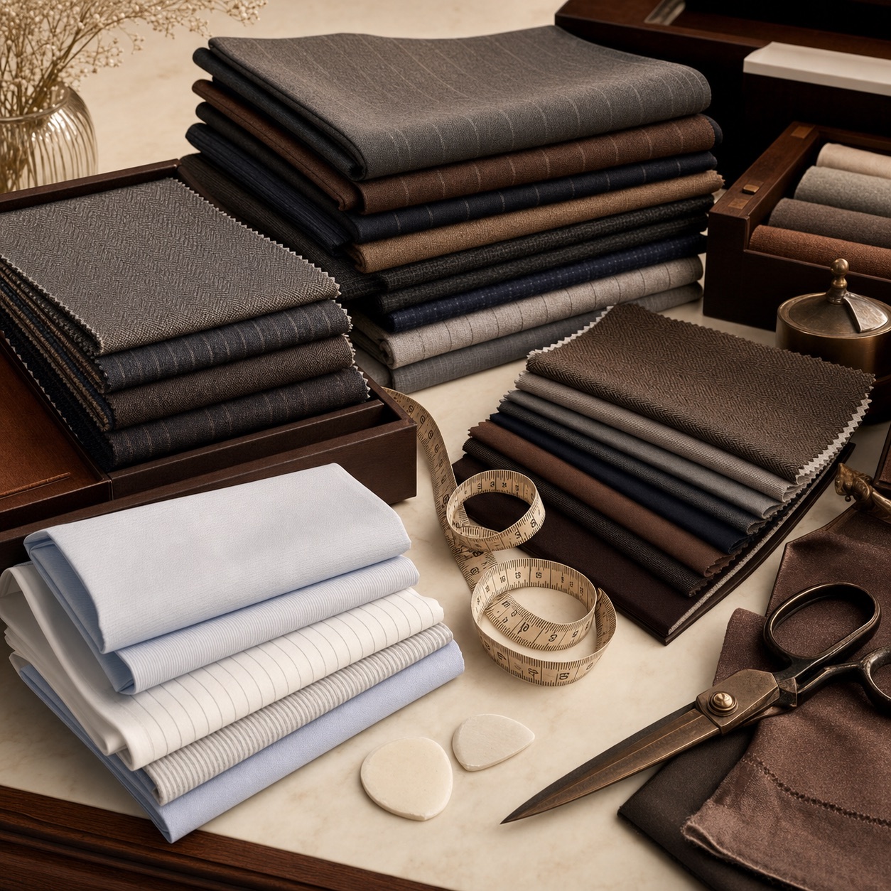 Premium suiting and shirting fabrics on a bespoke tailoring table